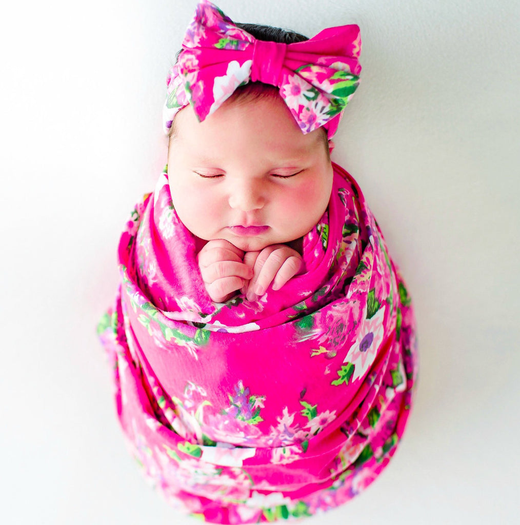 4-PACK SWADDLE & HEADBAND SETS (Dark Pink Floral)