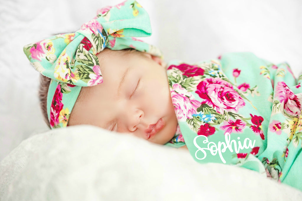 4-PACK SWADDLE & HEADBAND SETS (Mint Floral)