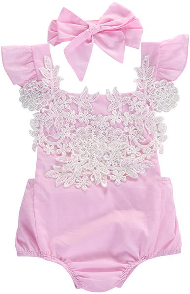 Pink and White Lace Romper Set
