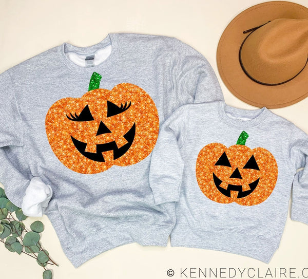 Mommy & Me Sparkly Jack-o-Lantern Sweaters - Gray