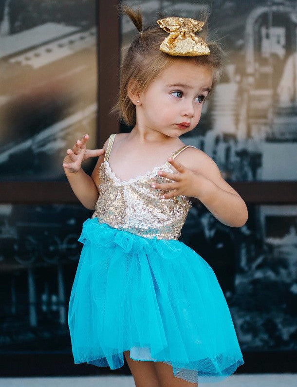 TURQUOISE AND GOLD SPARKLE DRESS 4t