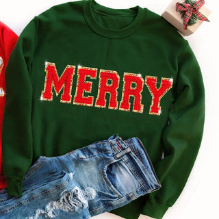 MERRY Letter Patch Sweatshirt | Chenille Patch Christmas Sweatshirt