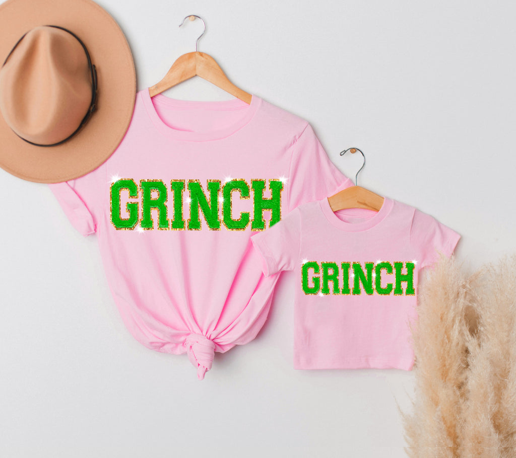 Kids GRINCH Shirt with Chenille Patches GRINCHY Letter Patch
