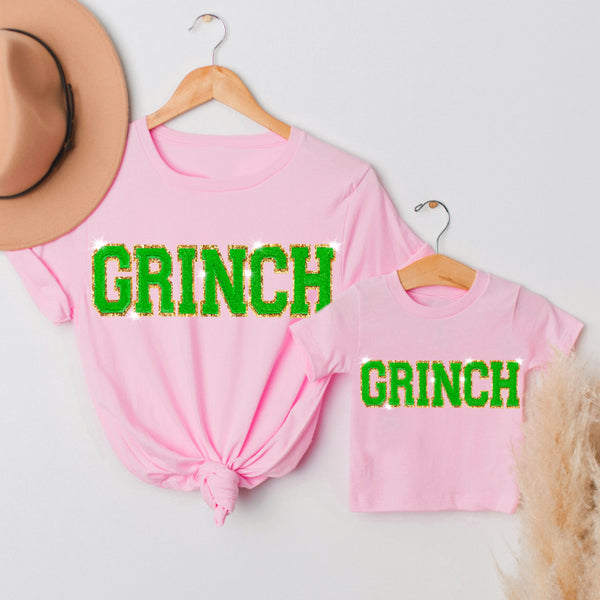Chenille Patch GRINCH Shirt - Light Pink