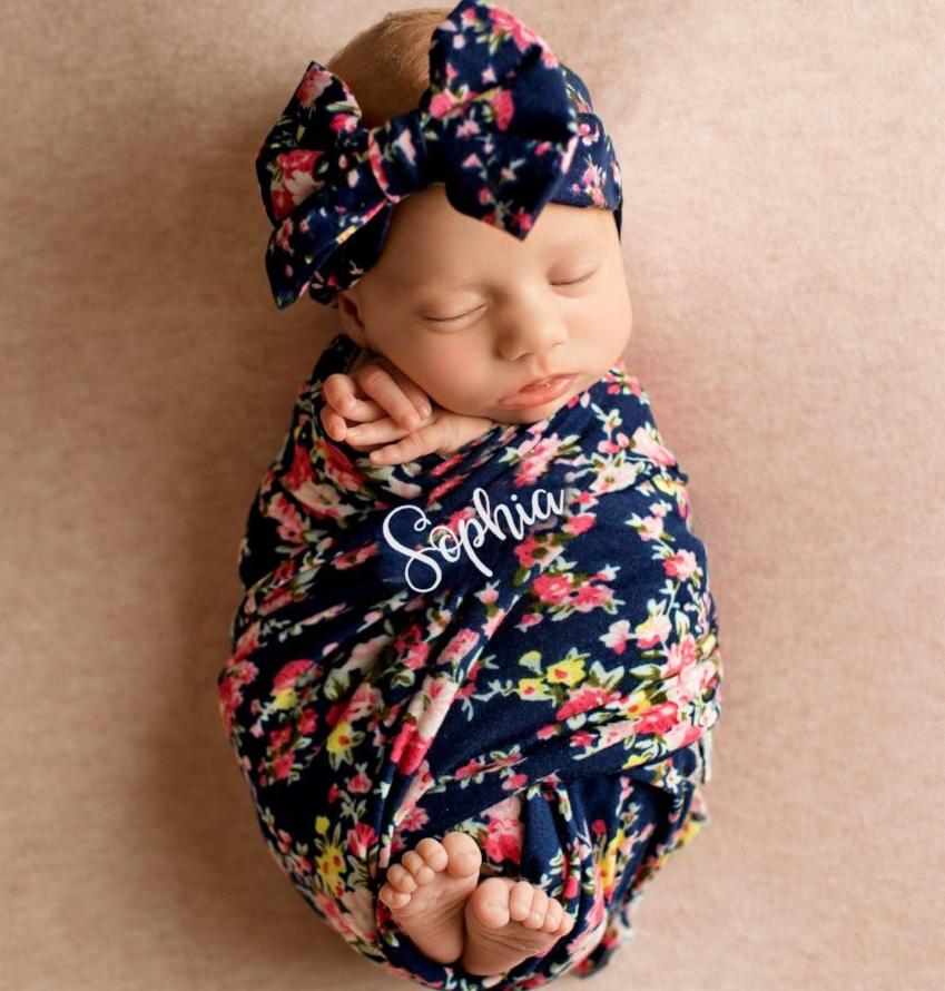 4-PACK SWADDLE & HEADBAND SETS (Navy Floral)