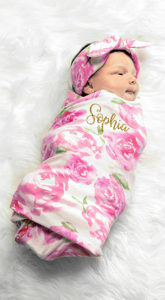 4-PACK SWADDLE & HEADBAND SETS (Pink & White Floral)