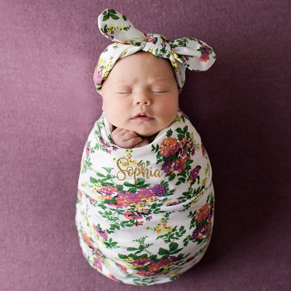 4-PACK SWADDLE & HEADBAND SETS (White Floral)