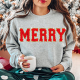 Chenille Patch Red MERRY Varsity Glitter Letter Patch Christmas Sweatshirt for Women
