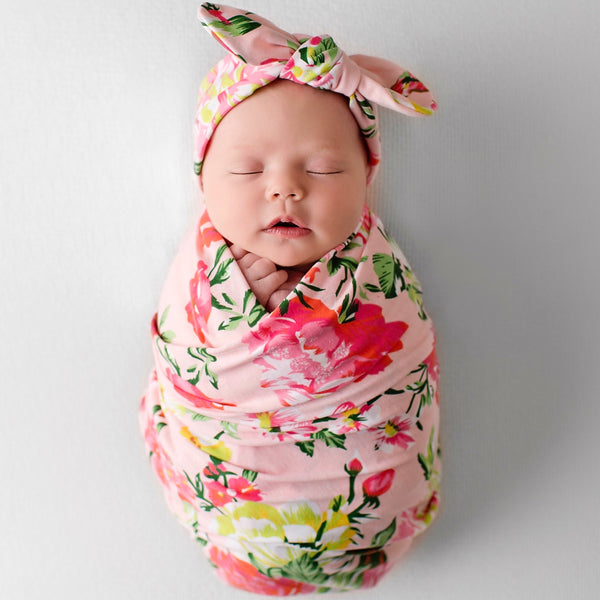 4-PACK SWADDLE & HEADBAND SETS (FRENCH PINK FLORAL)